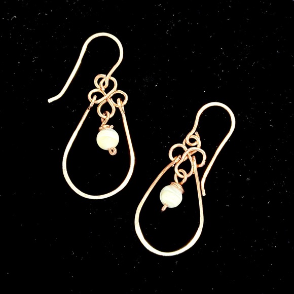 HANDMADE Mother of Pearl Wire Wrapped Copper Dangle Earrings, Gift for Mom Her - Picture 4 of 10